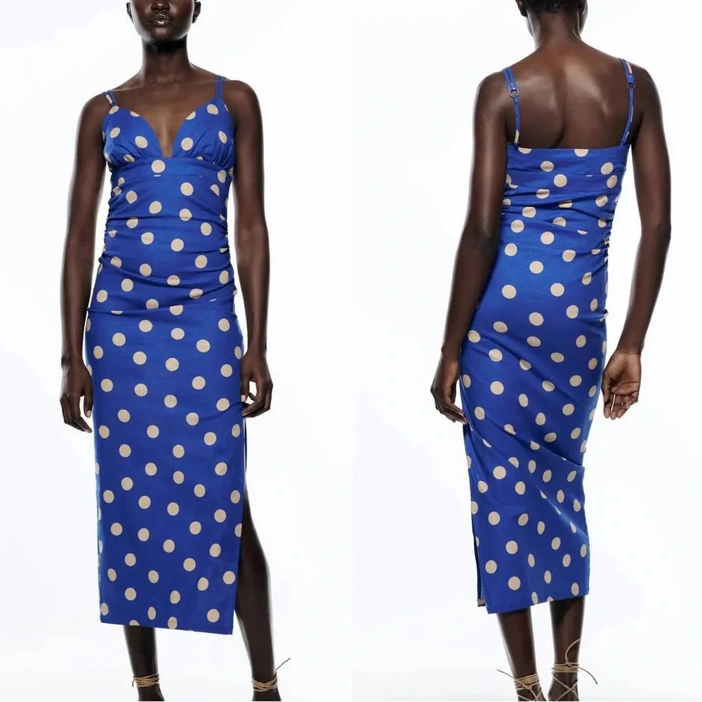 Zara polka dot linen midi dress - Picture 1 of 5